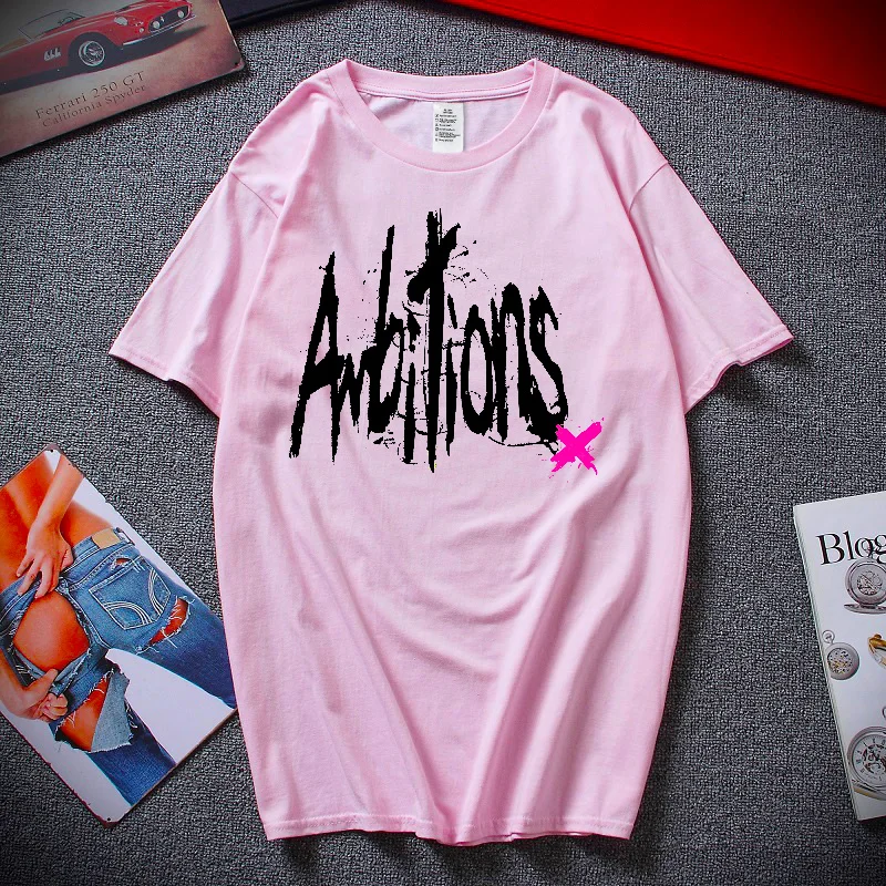 

Pink Pure Cotton Short-Sleeved Letter Pattern Simple And Versatile Men/WomenUnisex Bottoming Shirt Solid Color Casual Top