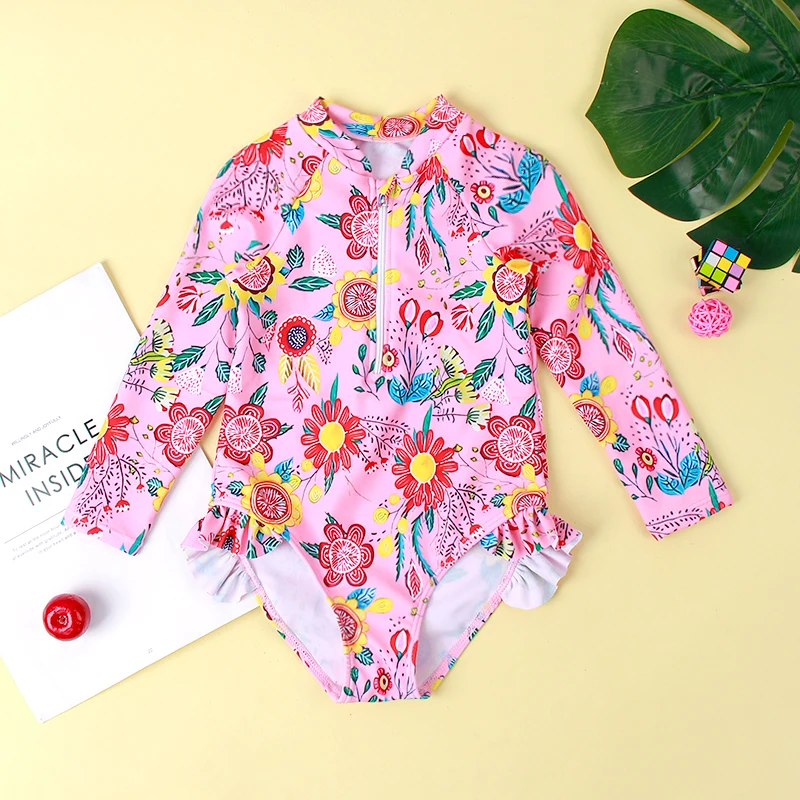 

Summer Kids Toddlers Girls Long Sleeve Swimwear Fish Scale/Flower Printing Short Bathing Clothes Swimwear