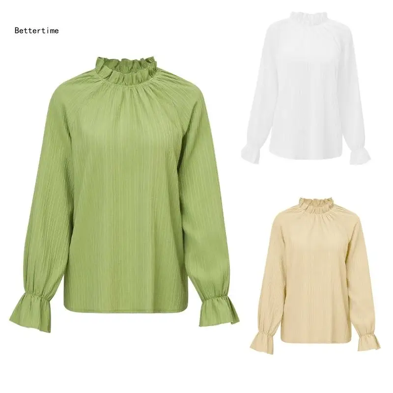 

B36D Women's Puff Long Sleeve Frill Trim Mock Neck Blouse Tops Casual Loose Tunics