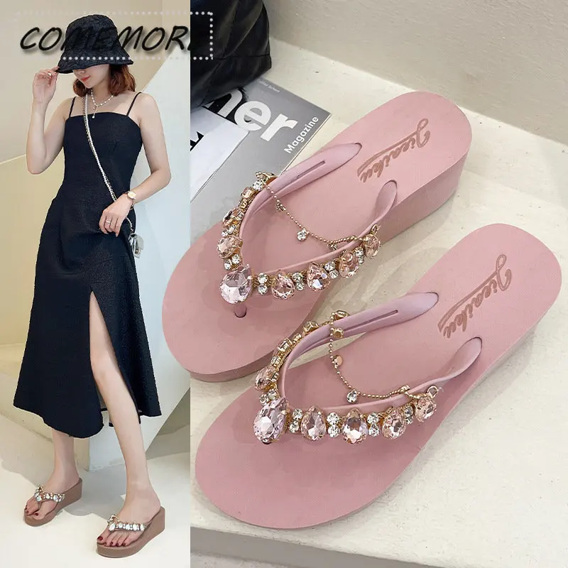 

2023 New Slippers Rhinestone Chain Thick Bottom Women's Summer Flip-flops Beach Platform Wedges Heel Sandals Casual Comfortable