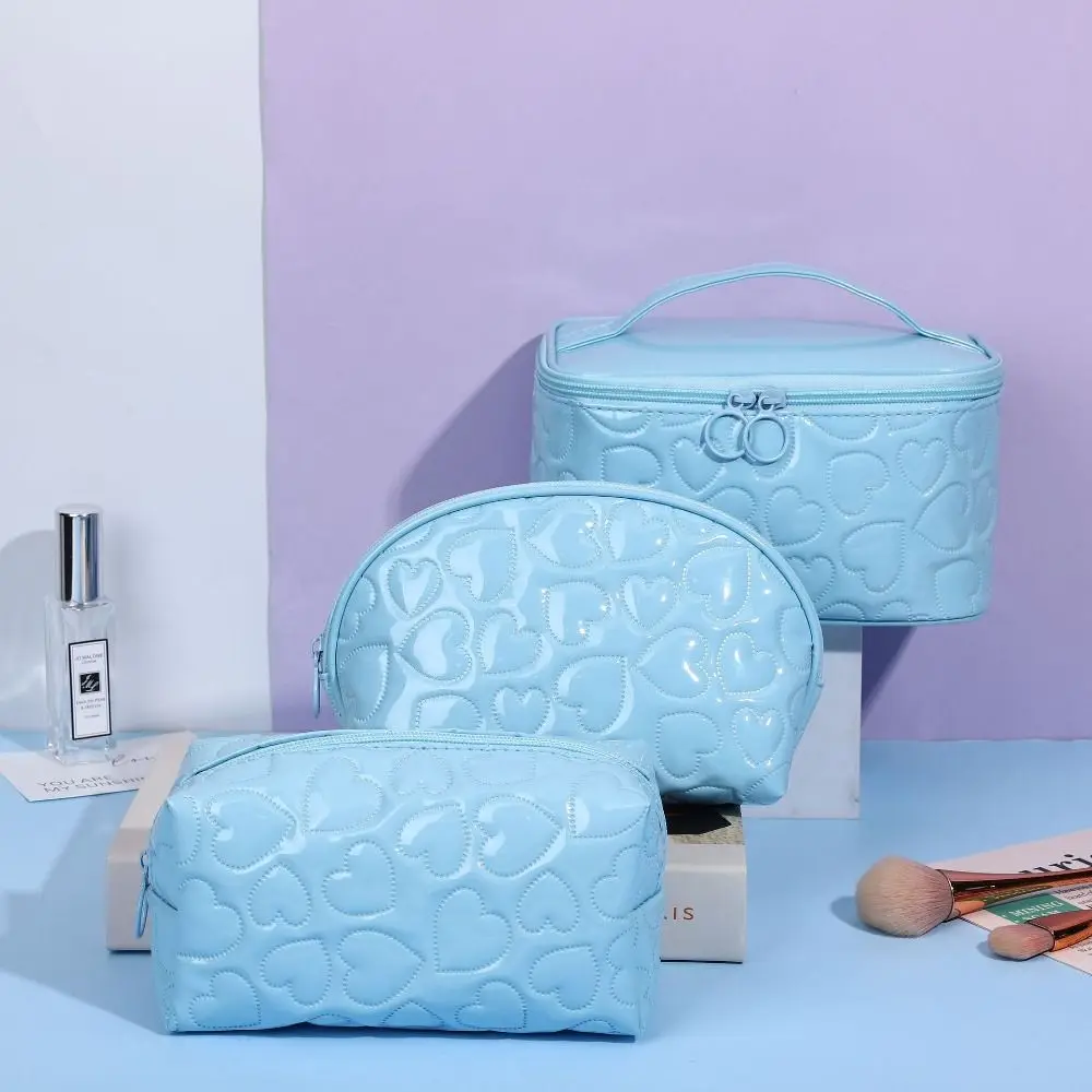 

3PCS Waterproof Makeup Bag Set Large Capacity Y2K Portable Cosmetic Case PU Heart Travel Cosmetic Bag Women Girl