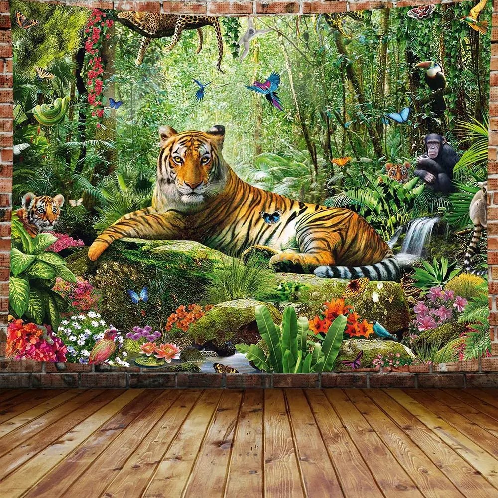 

King of The Forest Tiger Tapestry Tropical Rainforest Animal Landscape Tapestries Living Room Dorm Bedroom Home Wall Hanging