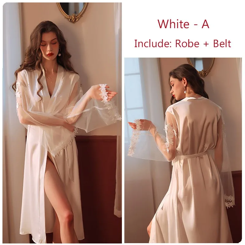 Lace Embroidery Robe Wedding Dressing Gown Temptation Mesh Sleepwear Bride Bridesmaid Kimono Bathrobe Silky Satin Sexy Lingerie