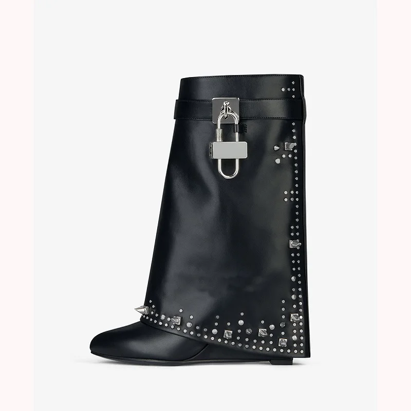 

Autumn and winter new round head slope heel high heel rivet riding boots large size rhinestone casual medium tube women's boots
