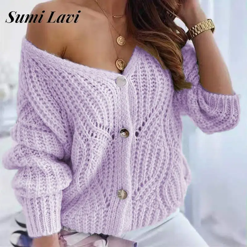 

Fashion Single-breasted Knitting Cardigan Sweater Autumn Winter Women Solid Color Sweater Elegant V Neck Hollow Jacket Top Femme