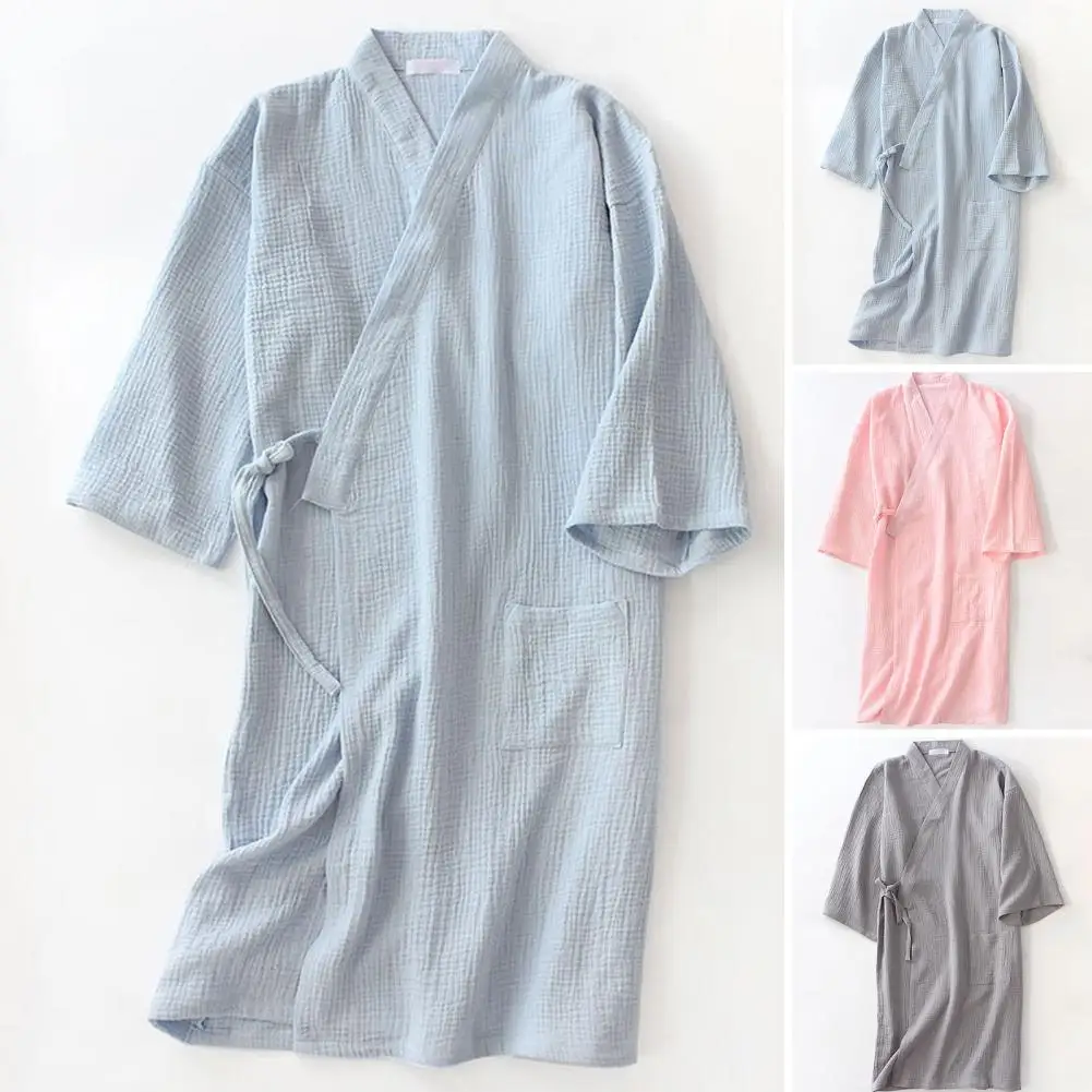 

Women Nightgown Solid Color Tie-waist Half Sleeves Bathrobe Lace Up Water Absorption Breathable Homewear Robe Bathrobe Spa Robe