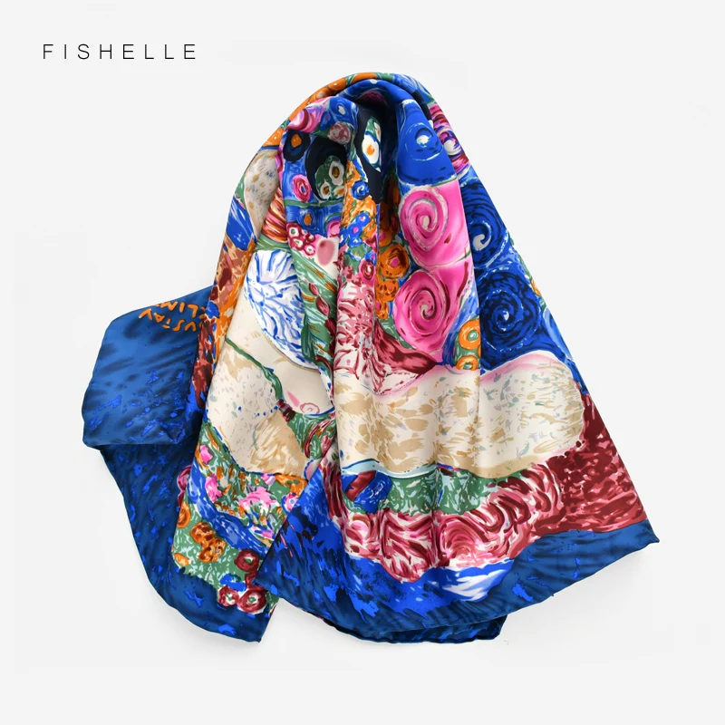 

Blue oil painting 100% natural silk scarf women luxury real silk twill 90cm square hijab scarves ladies spring summer