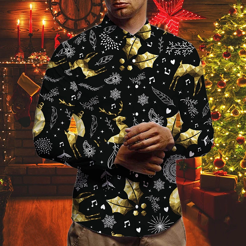 New Men's Santa Snowman Print Shirt Casual Fashion Long Sleeve Lapel Button Wild Top Creative Slim Festive Decoration Shirt