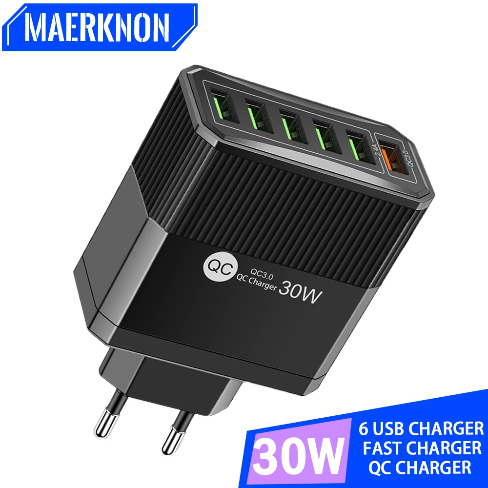 

6 Ports USB Charger 30W Quick Charger 3.0 Phone Adapter For iPhone 14 Xiaomi Samsung Huawei Wall Mobile Fast Charger Multi Plug