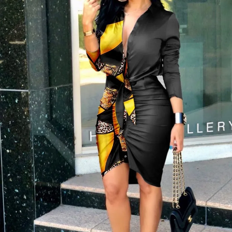 

Женское платье-рубашка с глубоким V-образным вырезом, длинное платье-рубашка составного кроя с косым шнуровкой, облегающее Платье До Колена, Осень-зима 2023