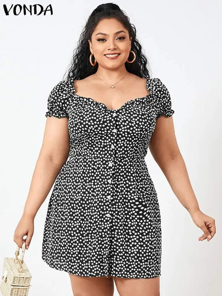 

VONDA Summer Bohemian Mini Dress 2023 Elegant Women Party Vestido Casual Loose Sexy Short Sleeve Button Polka Dot Print Sundress