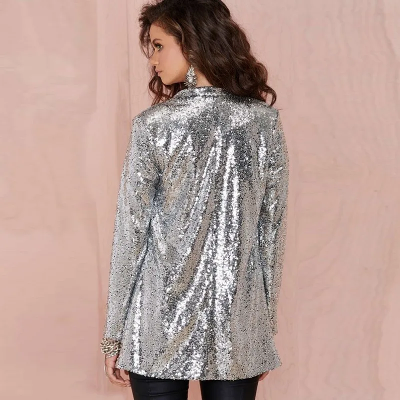 Sequin Cardigan Blazers Women Gold Silver Black Shiny Jacket Coat Night Club Punk V-neck Outwear Female Stage Party Costume