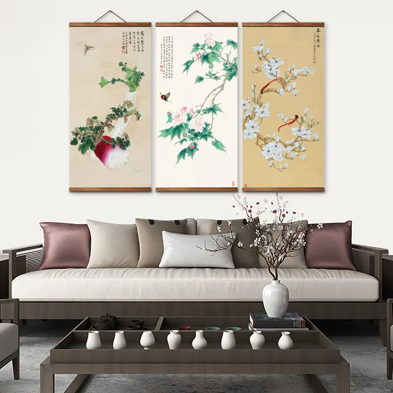 

MT0106 Chinese Style flowers and birds Longevity Chart Decorative Wall Art Posters Solid Wood Scroll Paintings