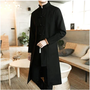 Imported Trench Coat Men Fake two Pieces Cardigan Kimono Coat Male Long Chinese Style Black Loose Vintage Cot