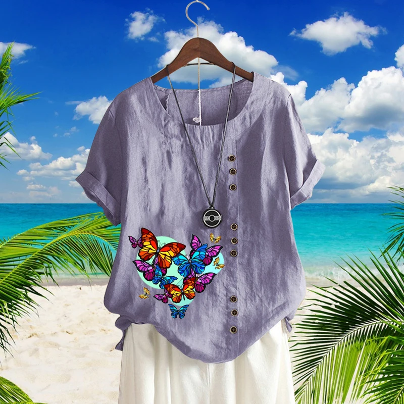 

2022 Summer Ladies Linen Round Neck Blouse Romantic Butterfly Printed Loose T-Shirt Vintage Solid Color Short Sleeve Top XS-5XL