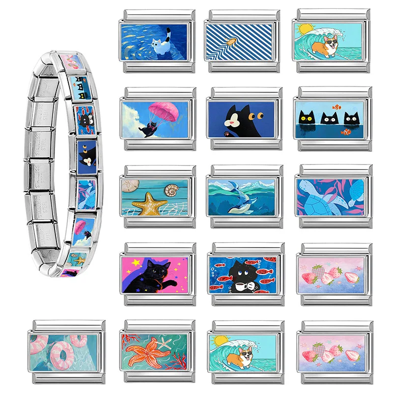 Фото Браслет Happylife Blue Sea с забавными фигурками кошки, собаки, черепахи и рыбок, персонализированный, итальянский шарм-браслет, подходит для браслетов 9 мм, из нержавеющей стали, ювелирное изделие. №4