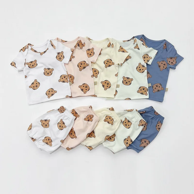 

Летняя детская одежда, новинка, футболка с коротким рукавом и принтом Тигра для мальчиков и девочек, Детский Повседневный костюм с шортами с...