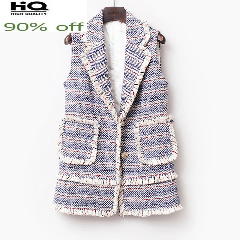 

striped Blue sleeveless spring autumn / winter women's tweed new female ladies knitted tassel jacket