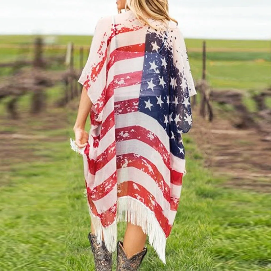 Women Tassels Chiffon Flag Kimono Long Cardigan Blouse Shawl Tops Cardigan for Women Size Large Womens Cardigans Maternity