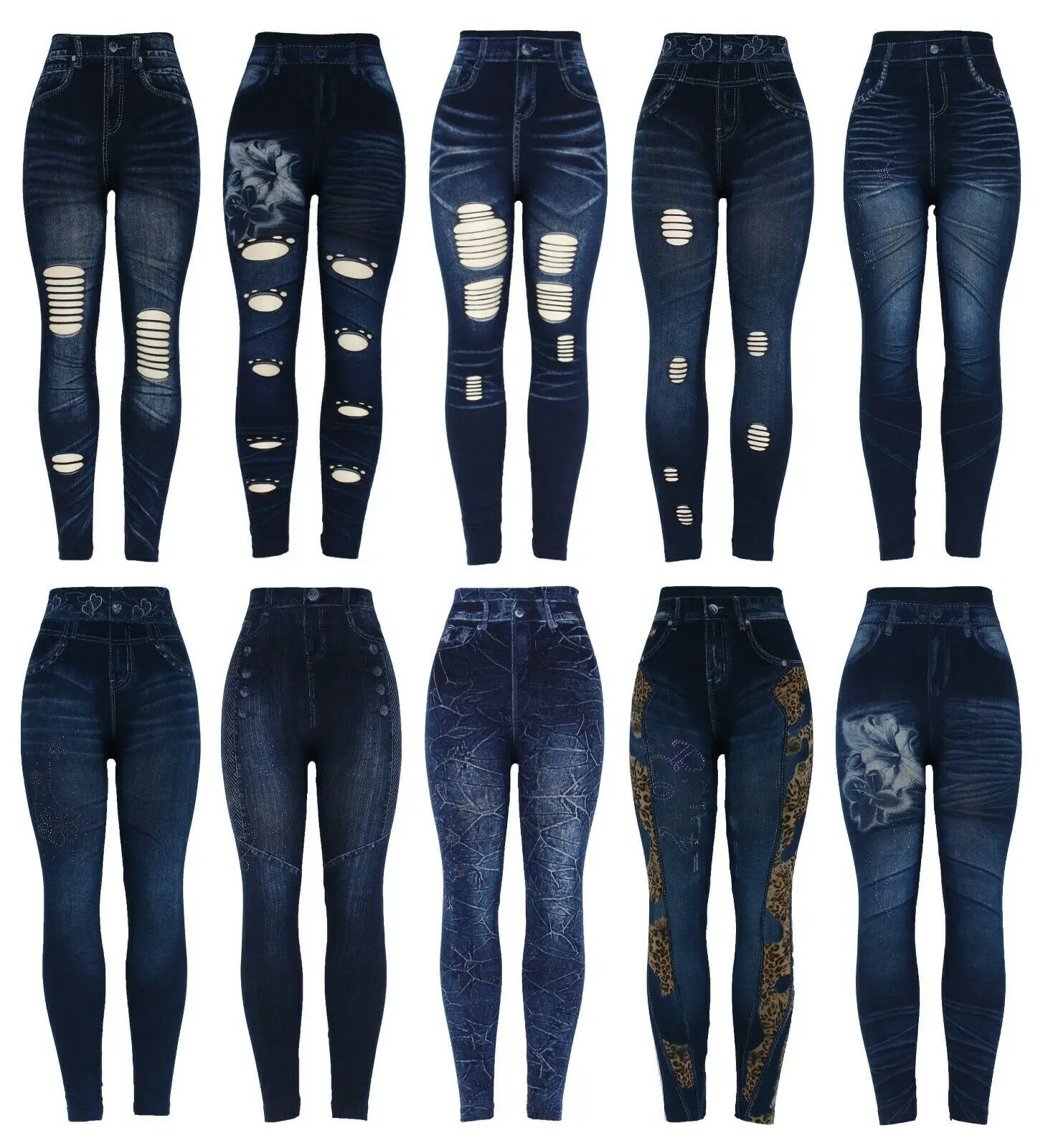 

New Womens Stretchy Thick Denim Print Denim Look Ripped Skinny Legging Jeggings