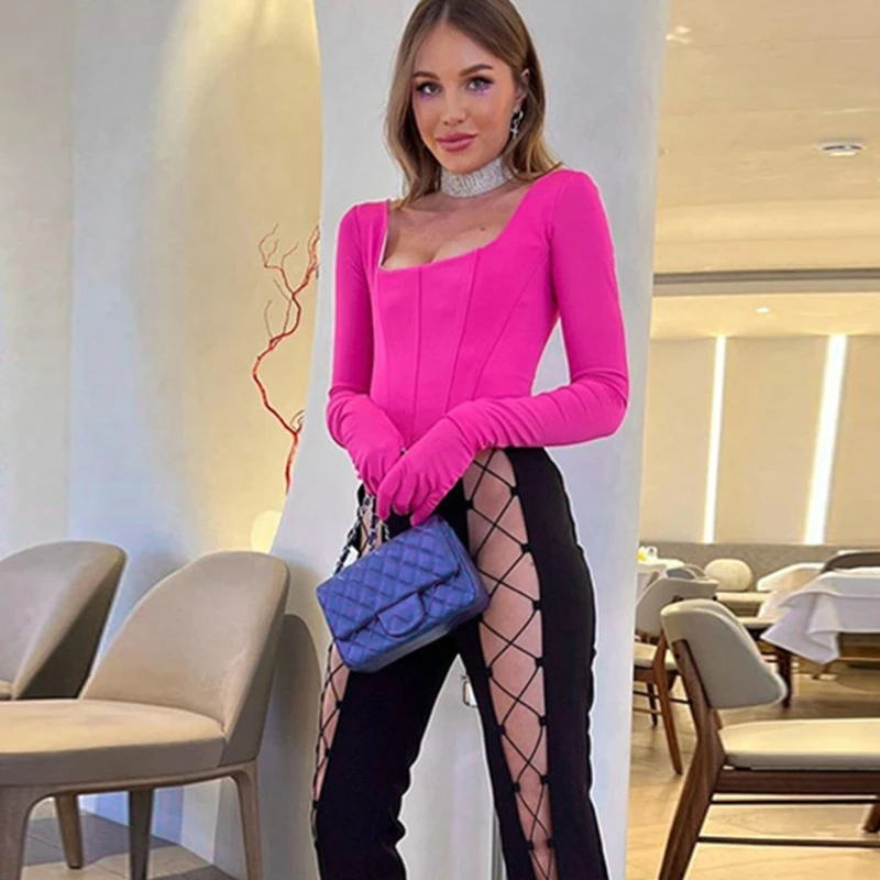 

Женский облегающий Топ с длинным рукавом, квадратным вырезом и перчатками