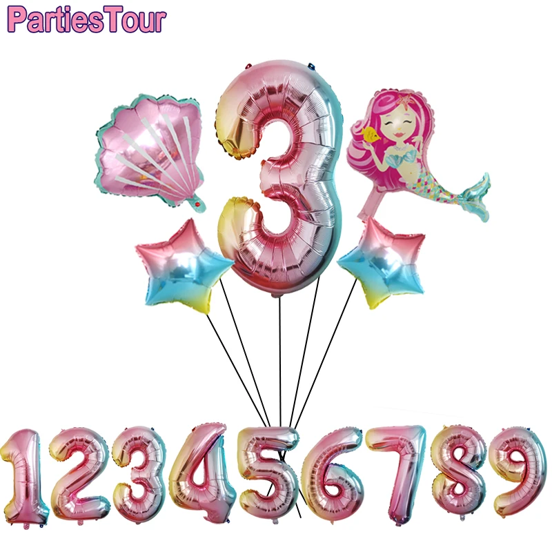 

5pcs Mermaid Party Decor Ballons 32” Number Balloon Kids Birthday Party Decor Supplies Baby Shower Decor 2nd 3th 4th Birthday