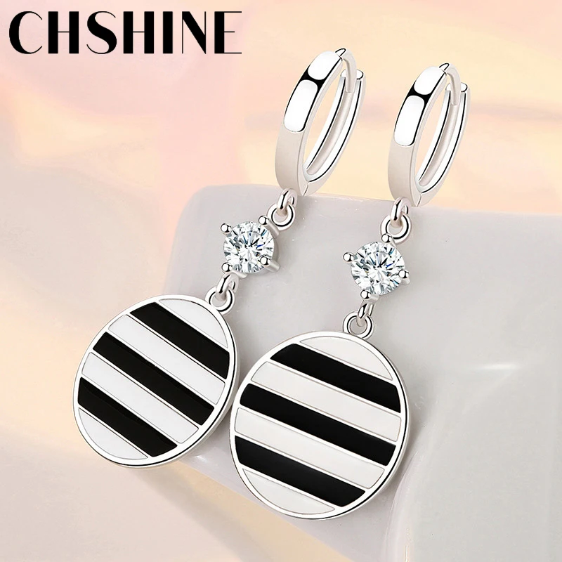 CHSHINE 925 Sterling Silver Black White Round Earrings For Women Wedding Banquet Party Gift Fashion Jewelry