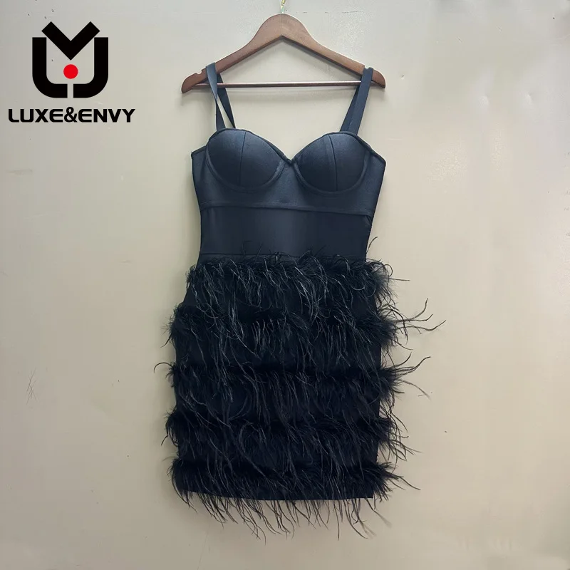 

Роскошное и завитое черное эластичное Бандажное платье с перьями для вечеринки A3 #2213 2023 осень