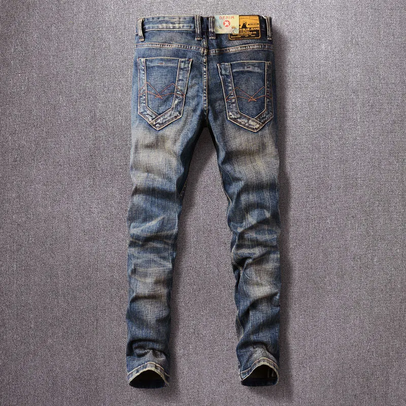 Fashion Vintage Men Jeans Retro Dark Blue Elastic Stretch Slim Ripped Jeans Men Embroidery Patched Designer Denim Pants Hombre