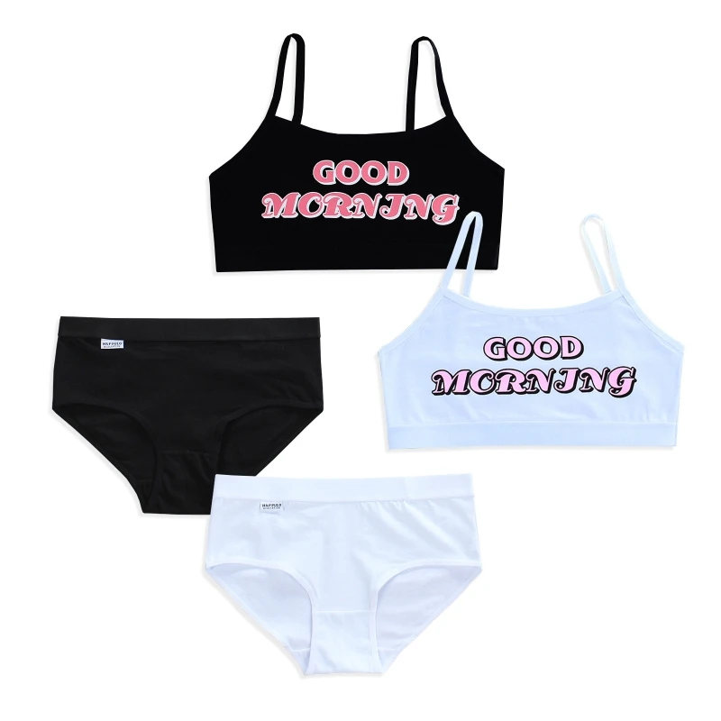 

2Pcs/Set Teen Young Girls Bra Underpant Kit GOOD MORNING Letters Print Sports Underwear for 7 8 9 10 11 12 13 14 15 16 Years Old