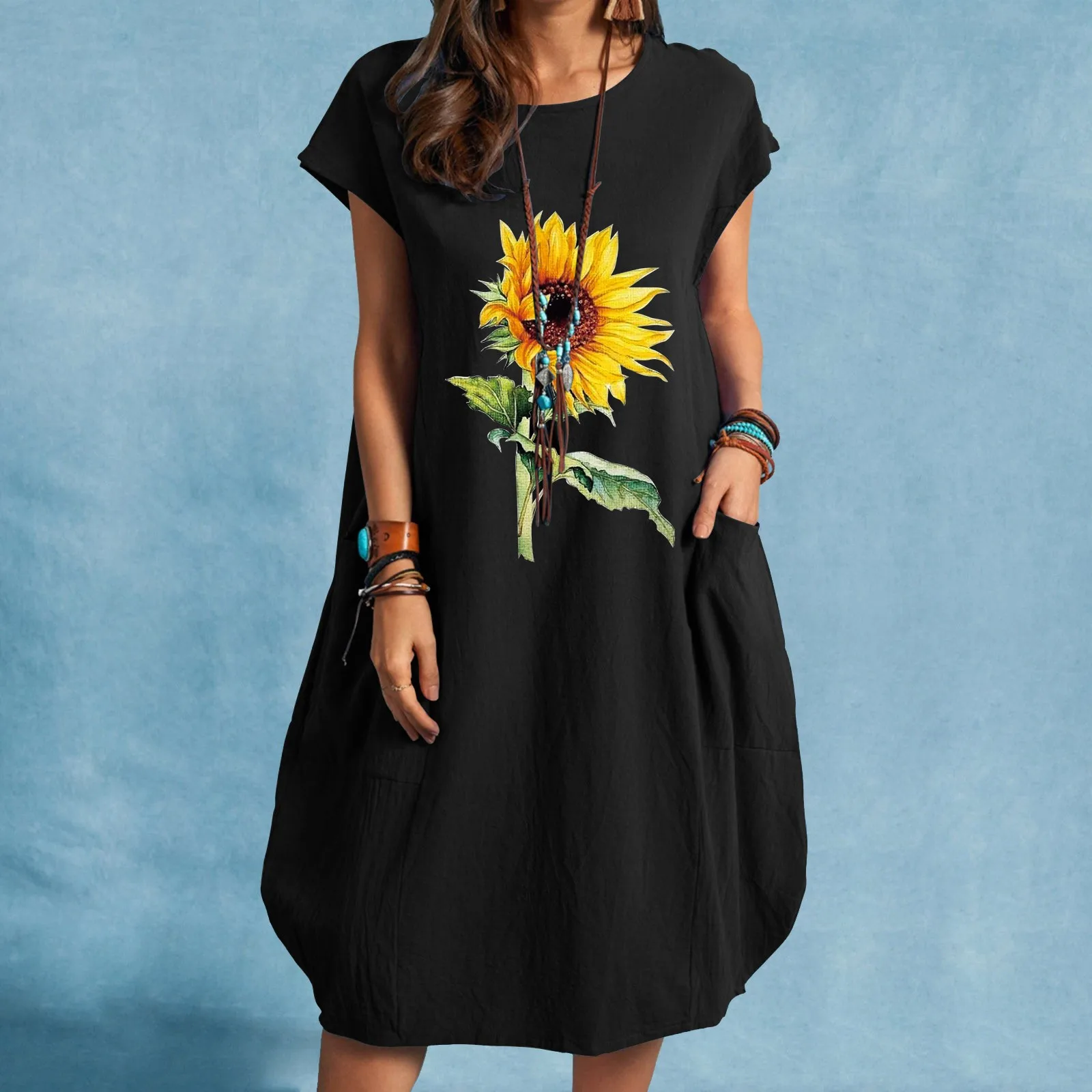 

Women Sunflower Printed Loose Short Sleeve Dress Summer Round Neck Dresses With Pocket Cotton Linen Knee Length Midi Sundress