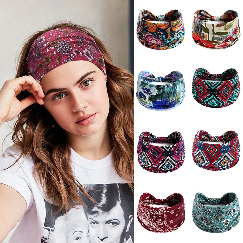 

New Boho Flower Print Wide Headbands Knot Hair tie Vintage Elastic Turban Headwrap For Women Girls Cashew soft Hair Accessories