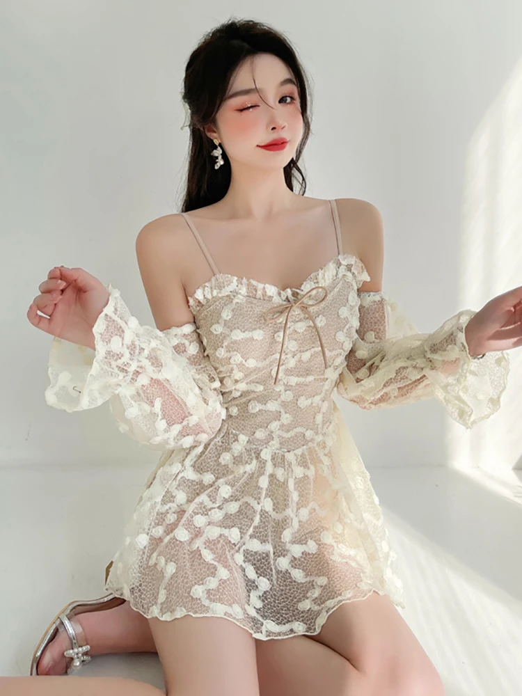

Lace Long Sleeve Swimwear Ladies Off Shoulder Backless Swim A-line Dress 2022 New Back Straps Slim Fit One-piece Swimsuit Women
