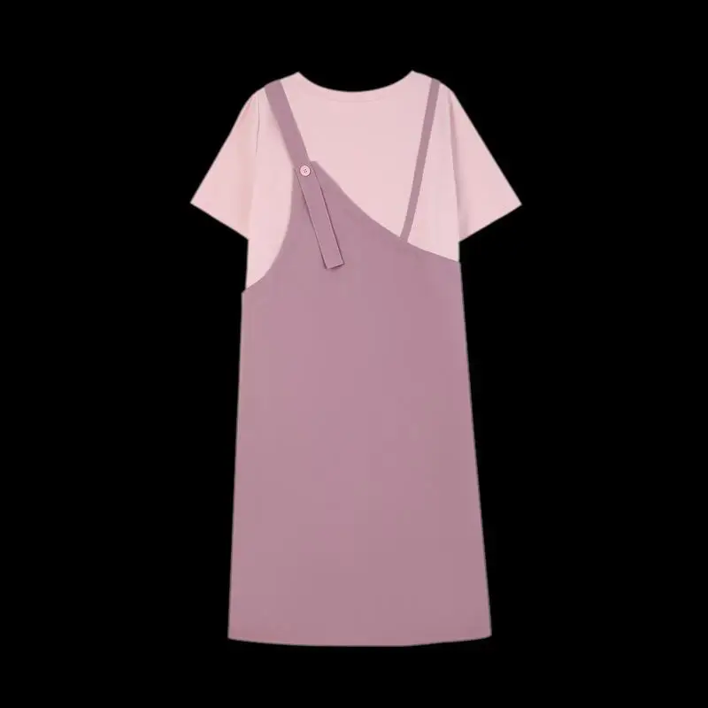 Plus Size Clothes Versatile Fake Two Pieces Korean Round Neck Button Combination Color Contrast Womens Straight Mid Length Dress
