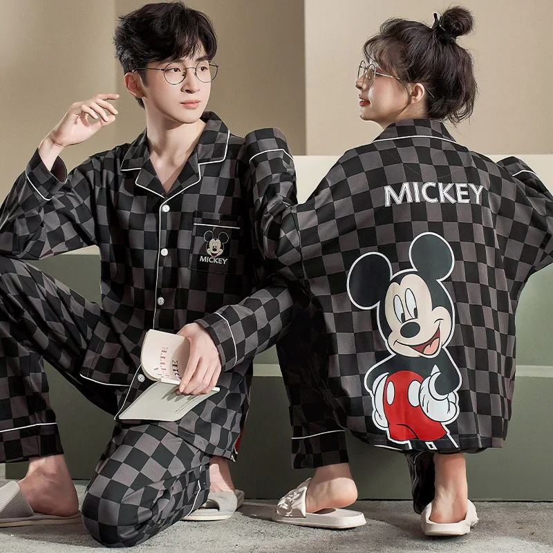 Disney Autumn Winter Cotton Pajamas Set for Women Men Couples Nightwear Loose Long Sleeve Sleepwear Set Home Clothes Outfits