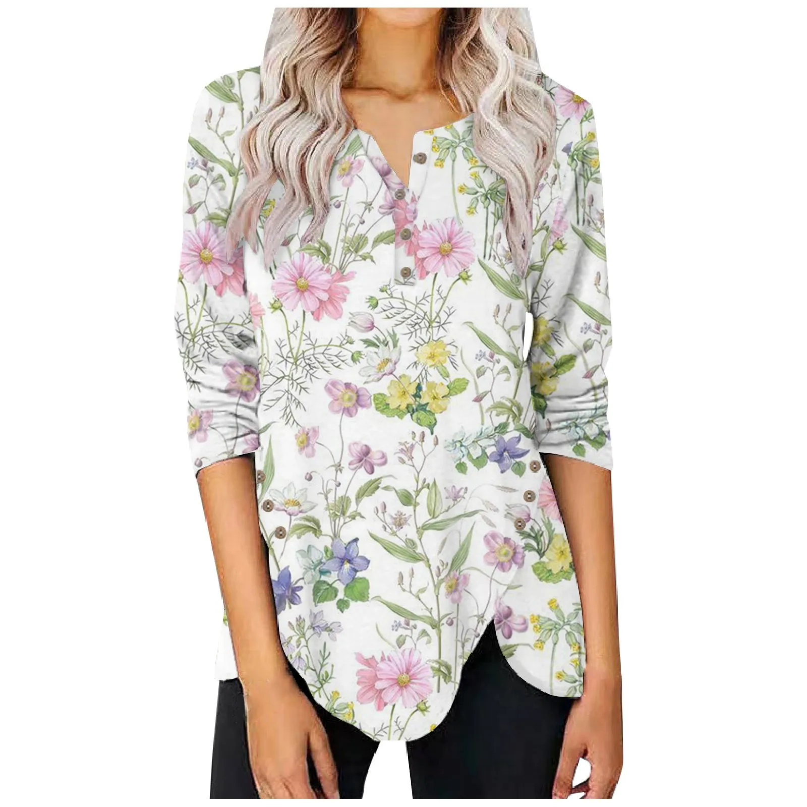 

Women Irregular Hem Blouse Floral Print Long Sleeve Tops Fashion Button Open Collar Tees Female Fall T Shirt Ropa De Mujer