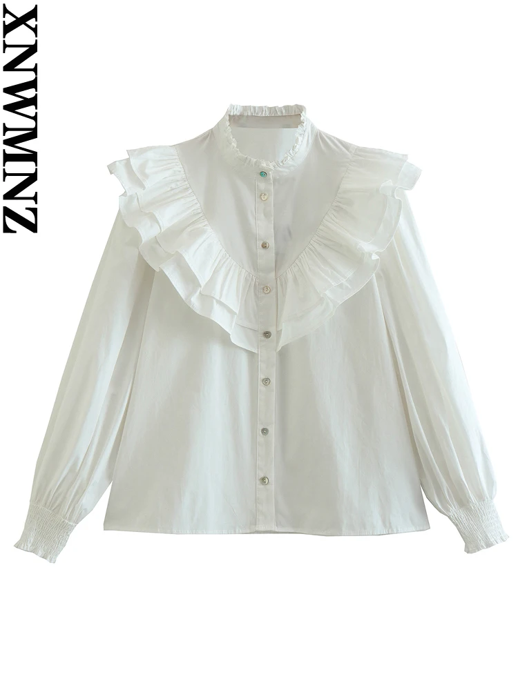 

XNWMNZ 2022 Women Fashion Pleated Poplin Shirt Woman Vintage Long Sleeve Cascade Ruffle Sweetheart Top Female chic blouse