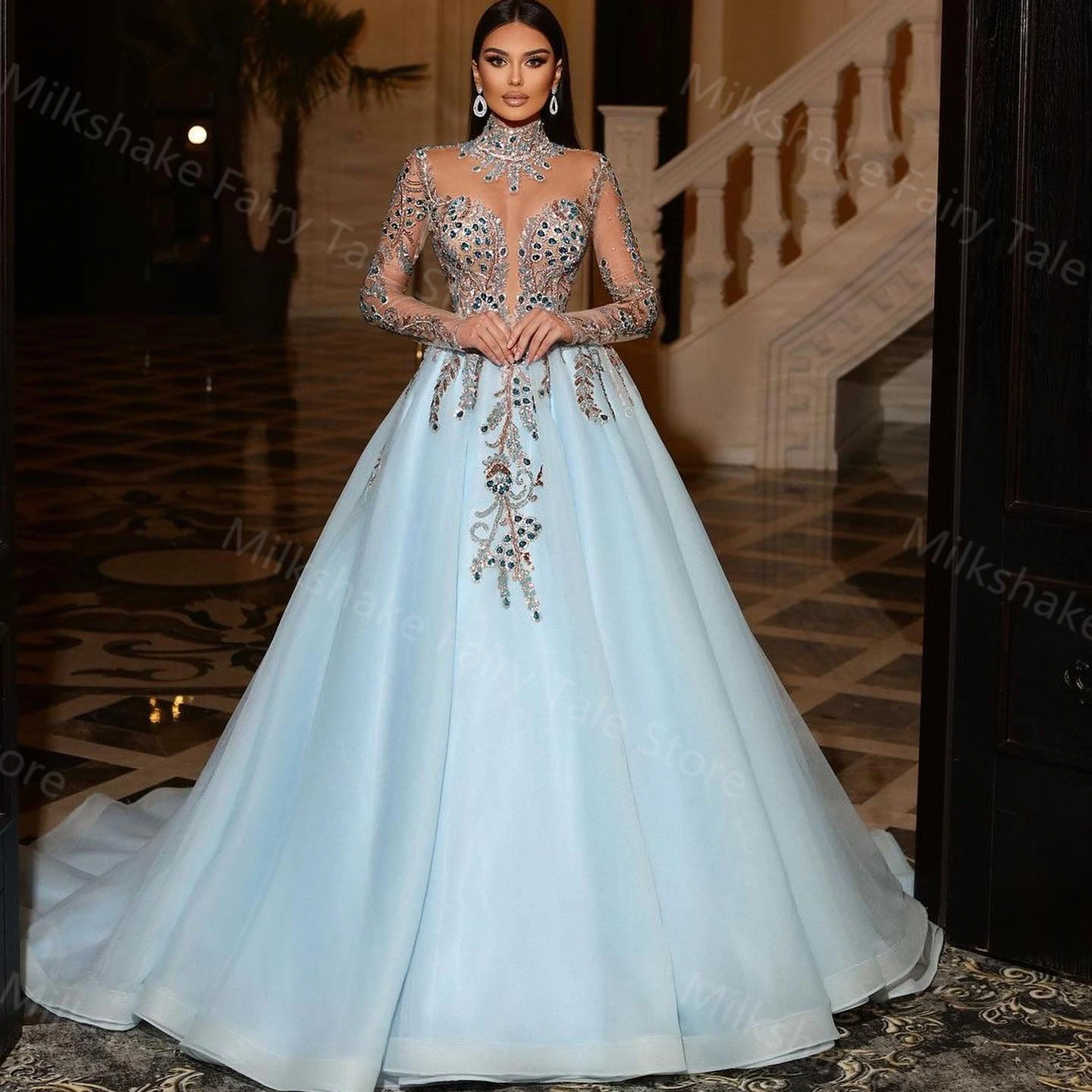 

Light Blue Illusion Prom Dress Sexy High Neck Crystals Party Formal Evening Gowns Appliques Beads Long Sweetheart Night Dresses