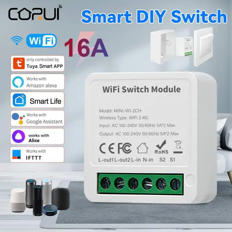 

CORUI Tuya WiFi 1/2/3/4 Gang Smart Switch Module Dual Way Control Support Alexa Google Home Alice Smart Life APP Bottom Box