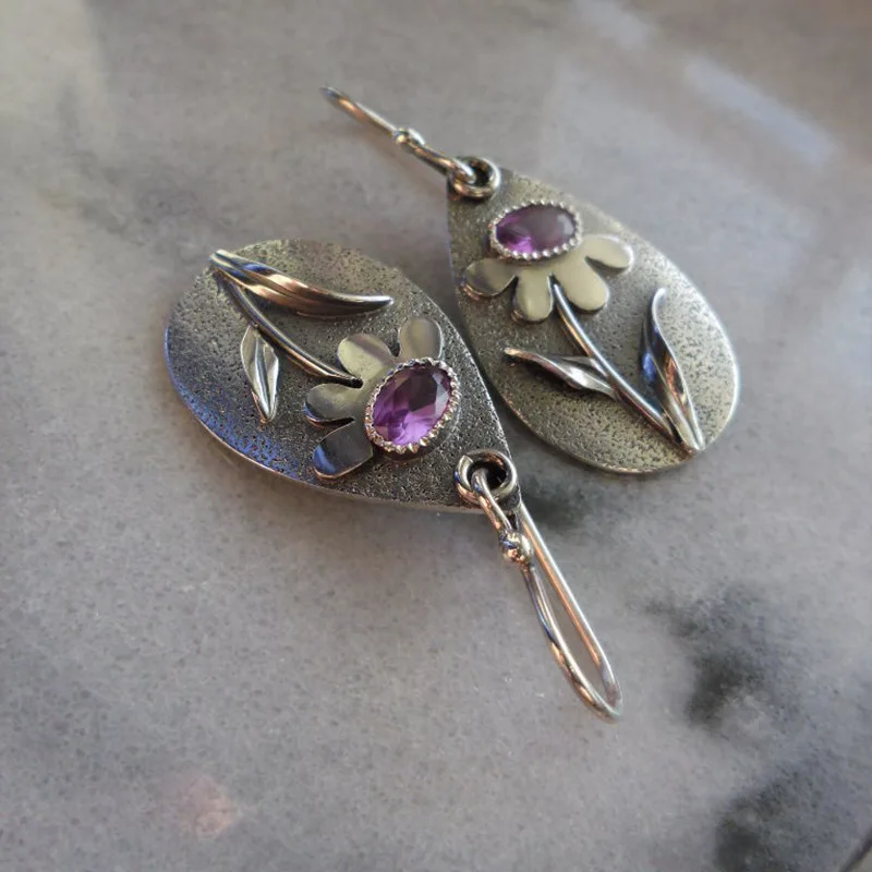 

KYTRD Vintage Carving Leaf Flower Earrings Metal Silver Color Plant Blossom Inlaid Purple Stones Dangle Earrings for Women Gift