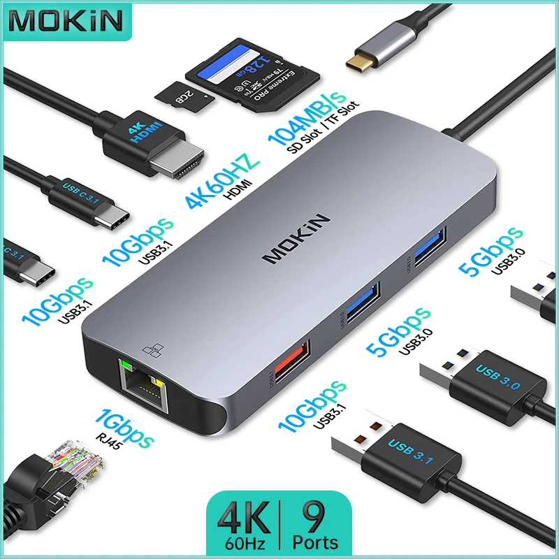 

Док-станция MOKiN Thunderbolt 9 в 1 для MacBook Air/Pro, iPad, ноутбука Thunderbolt — USB3.0, HDMI 4K60 Гц, RJ45 1 Гбит/с