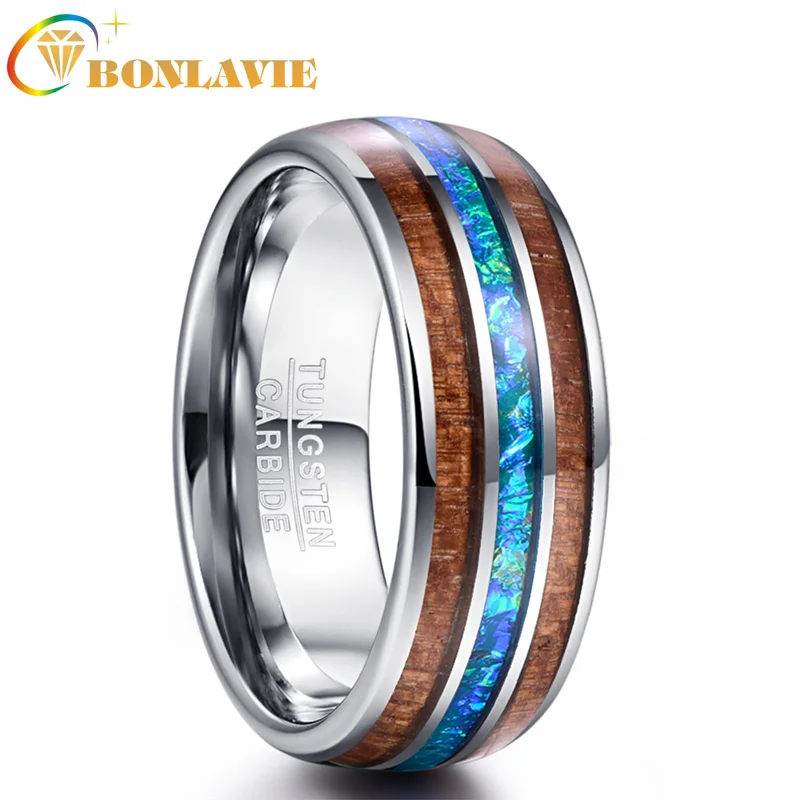 

BONLAVIE 6mm & 8mm Tungsten Carbide Ring Inlaid Acacia Wood Imitation Opal Dome Polished Ring Engagement Ring Gifts for Men