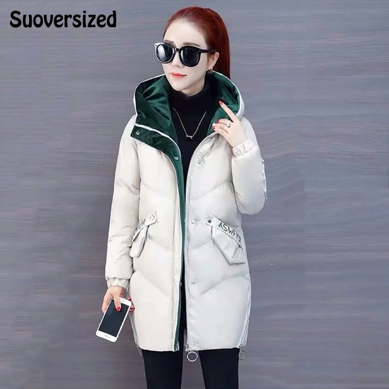 

Loose Hooded Long Sleeve Women Jackets Korean Snow Wear Windproof Outwear Winter Warm Cotton Padded Thicken Mid Length Parkas