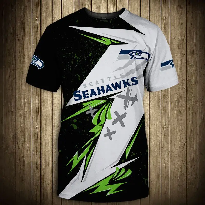 

Seattle men's fashion 3d Seahawks t-shirt Black and white stitching green flowers graffiti bird print casual tops