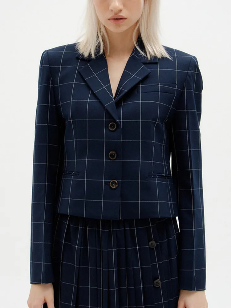 

Women Notched Plaid Single Breasted Long Sleeve Suit or High Waist Pleated Midi Skirt