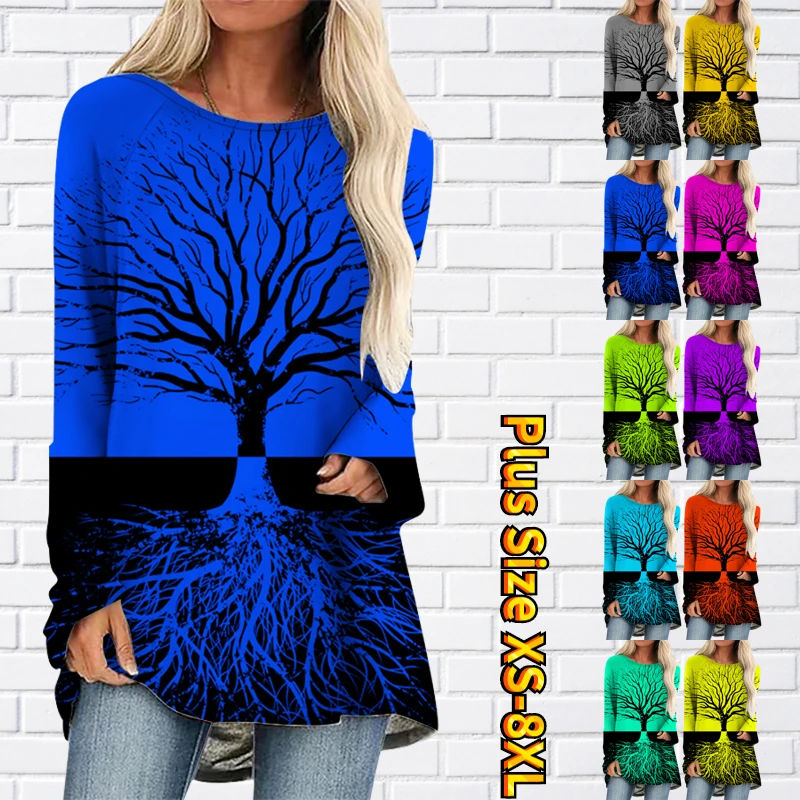 

Женская Повседневная Винтажная футболка, элегантный Свободный Топ с длинным рукавом и круглым вырезом, пуловер с принтом деревьев, Осень-зима 2022