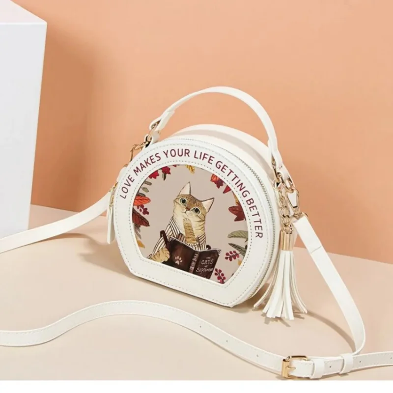MBTI Cute Cat Lolita Womens Shoulder Bag Funny Print Circular Designer Student Handbag Pu Leather Lovely Ins Fashion Female Bag