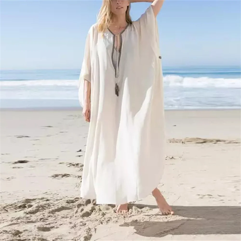 

Boho Sexy Swimwear Cover Up Long Dress Solid Color Loose Beach Wear Tunic Kaftans Kimono Women Clothing Summer Swimsuit 2022 New