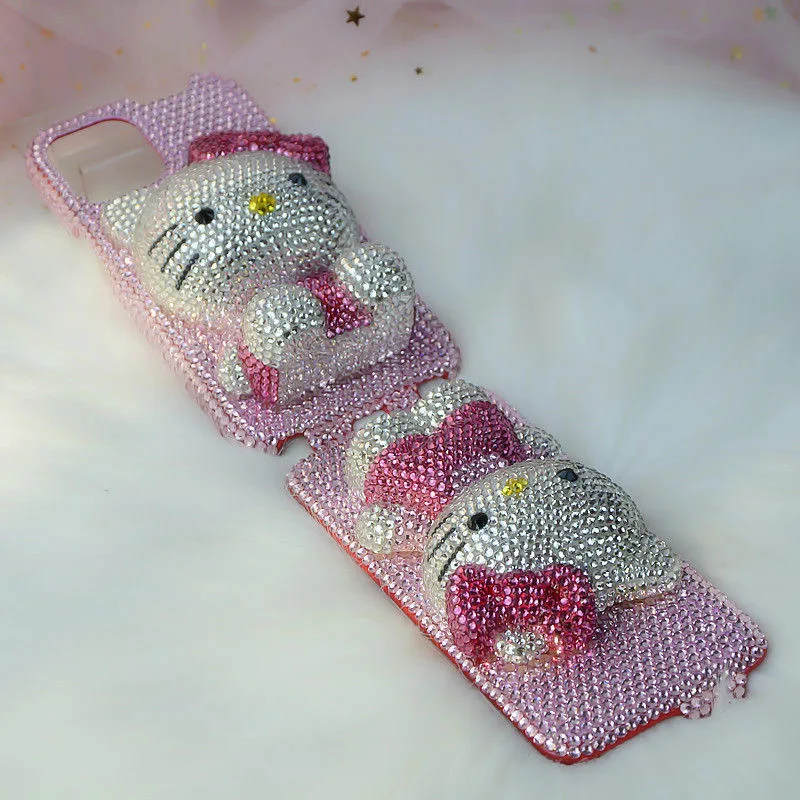 Handmade Hello Kitty 3D Diamond Full Screen Flip Phone Cases For iPhone 14 13 12 11 Pro Max 13 Mini Back Cover