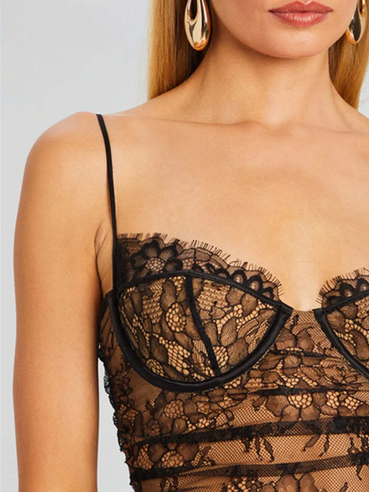 Женское сексуальное черное сетчатое платье без рукавов с рюшами и кружевное